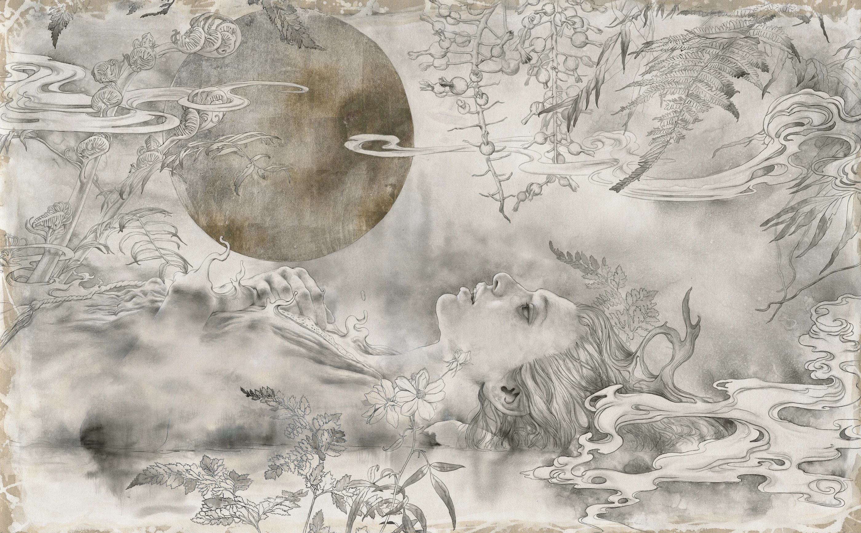 homesickness2 by Lo Chan Peng, Ink, oil, Eastern gouache, silver leaf on canvas, 2025, 194 × 120 cm
