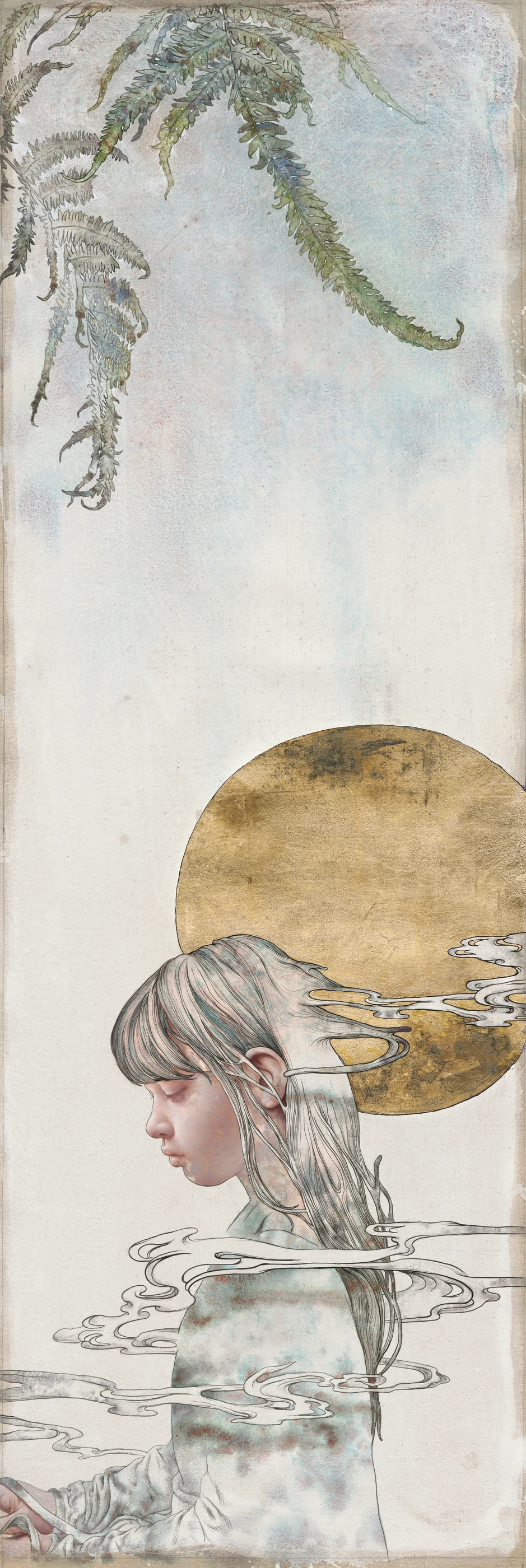 homesickness4 by Lo Chan Peng, Ink, oil, Eastern gouache, gold leaf on canvas, 2025, 170 × 57 cm