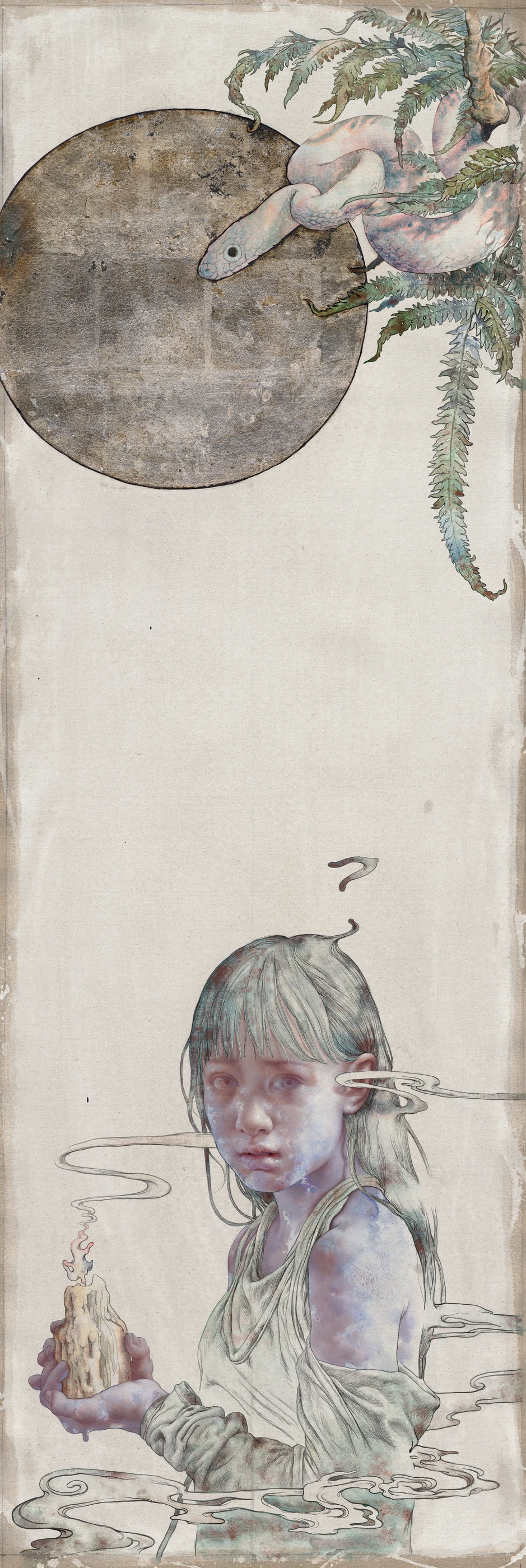 homesickness5 by Lo Chan Peng, Ink, oil, Eastern gouache, silver leaf on canvas, 2025, 170 × 57 cm