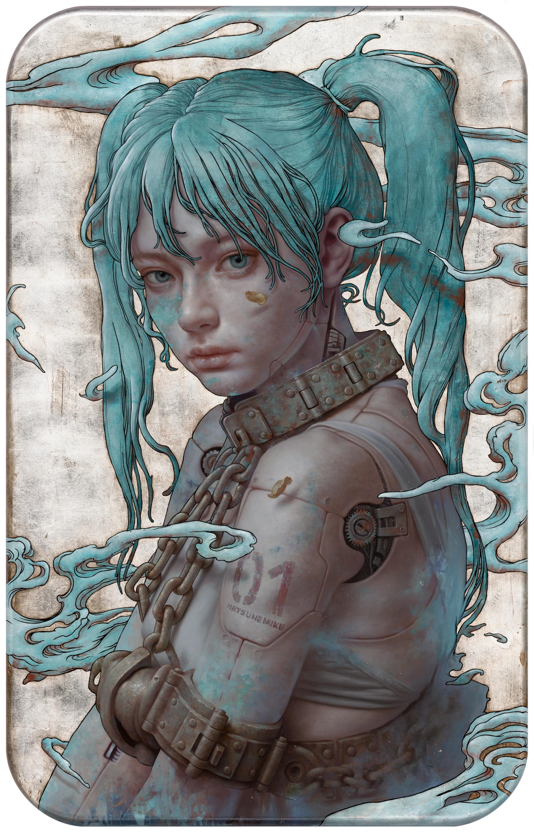 Imprisoned Miku by Lo Chan Peng, Mineral pigments, oil, silver leaf on canvas, 2026, 150 × 97 cm